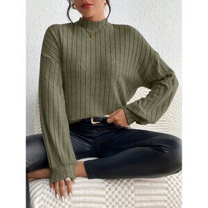 Mockneck ribbed knit lonv sleeve sweater tee green olive